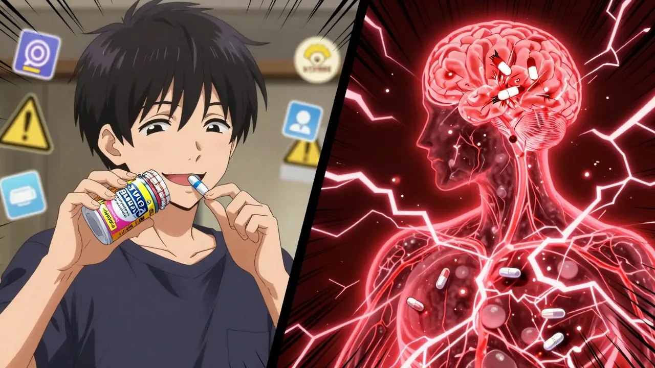 A teen takes a sleep aid, while hidden drugs explode inside their body in a dramatic split-panel scene.