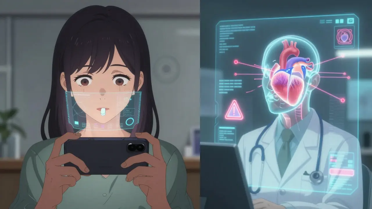 A woman taking a pill while her face is analyzed by AI, with a doctor viewing a holographic patient model.