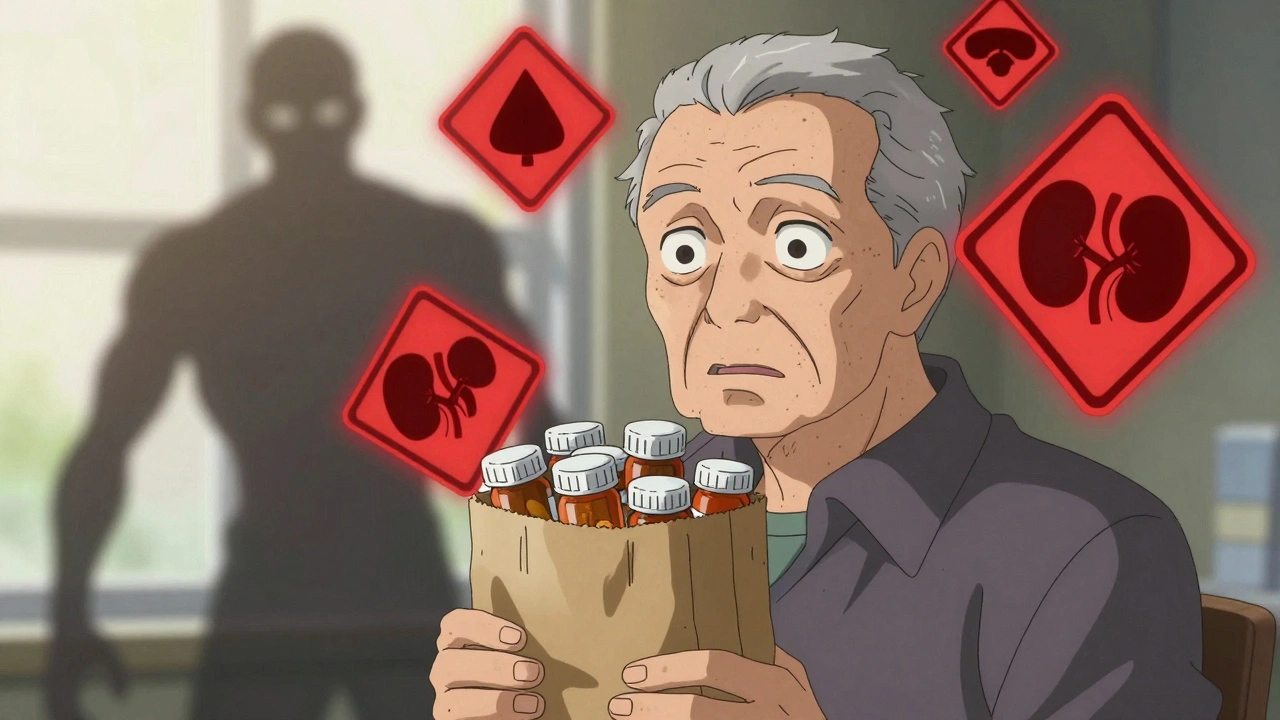 An elderly man holding a bag of pills as glowing health warning symbols appear around him.