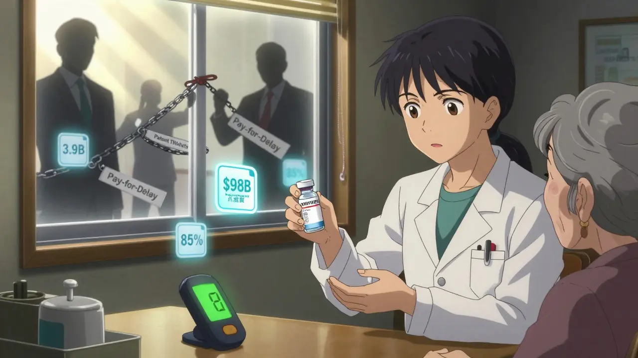 An elderly woman receives generic insulin from a pharmacist as symbolic chains break in the background.