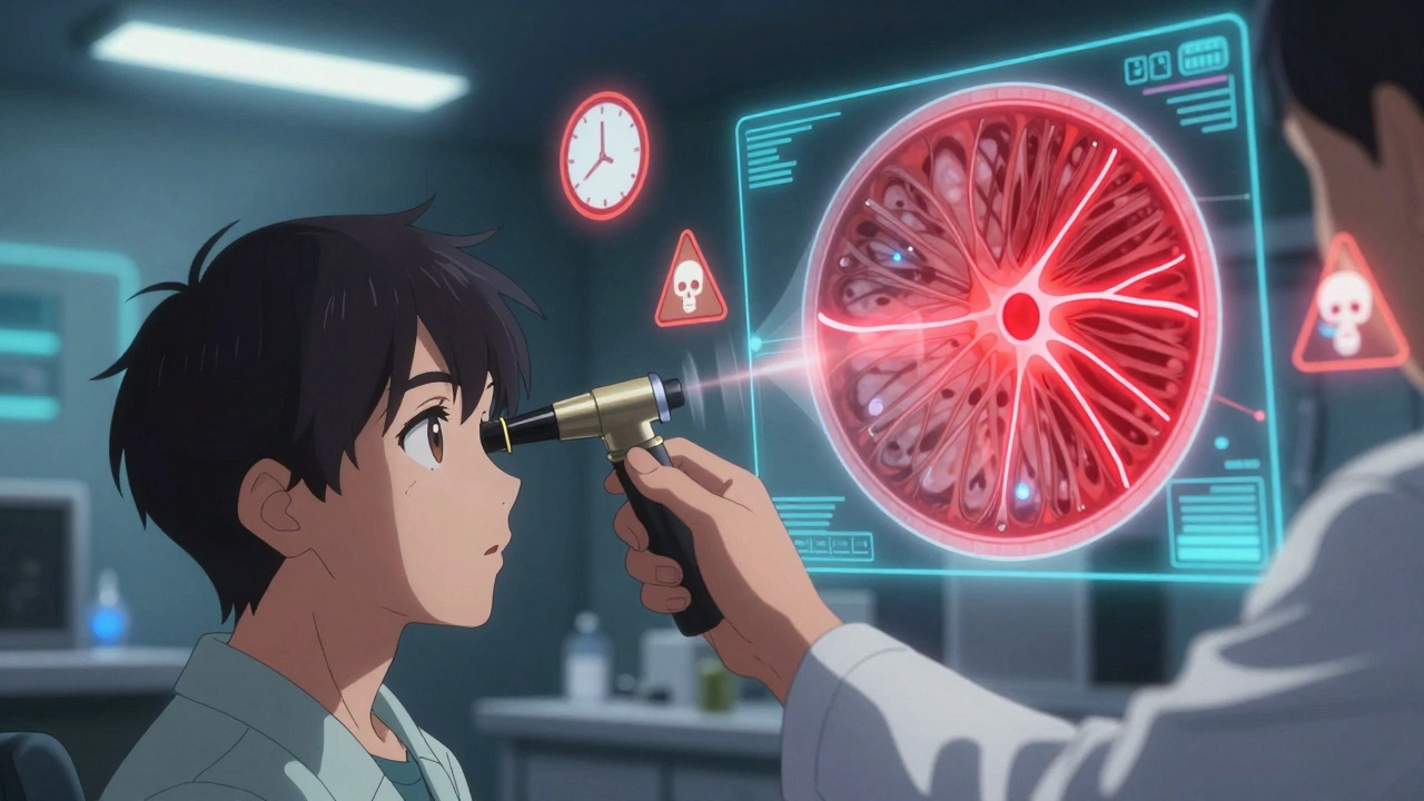 An eye exam with a holographic scan revealing nerve damage from steroid use.