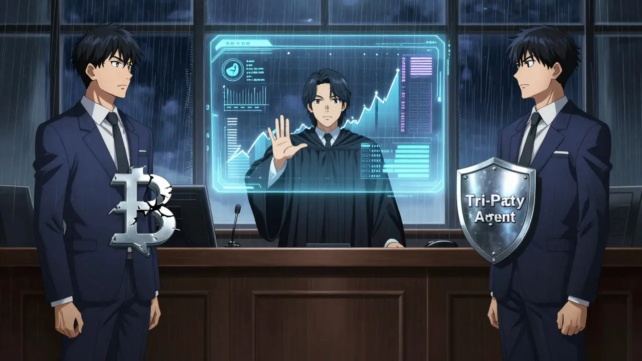 Bankers facing off in a courtroom with holographic financial risk charts and rain-streaked windows.