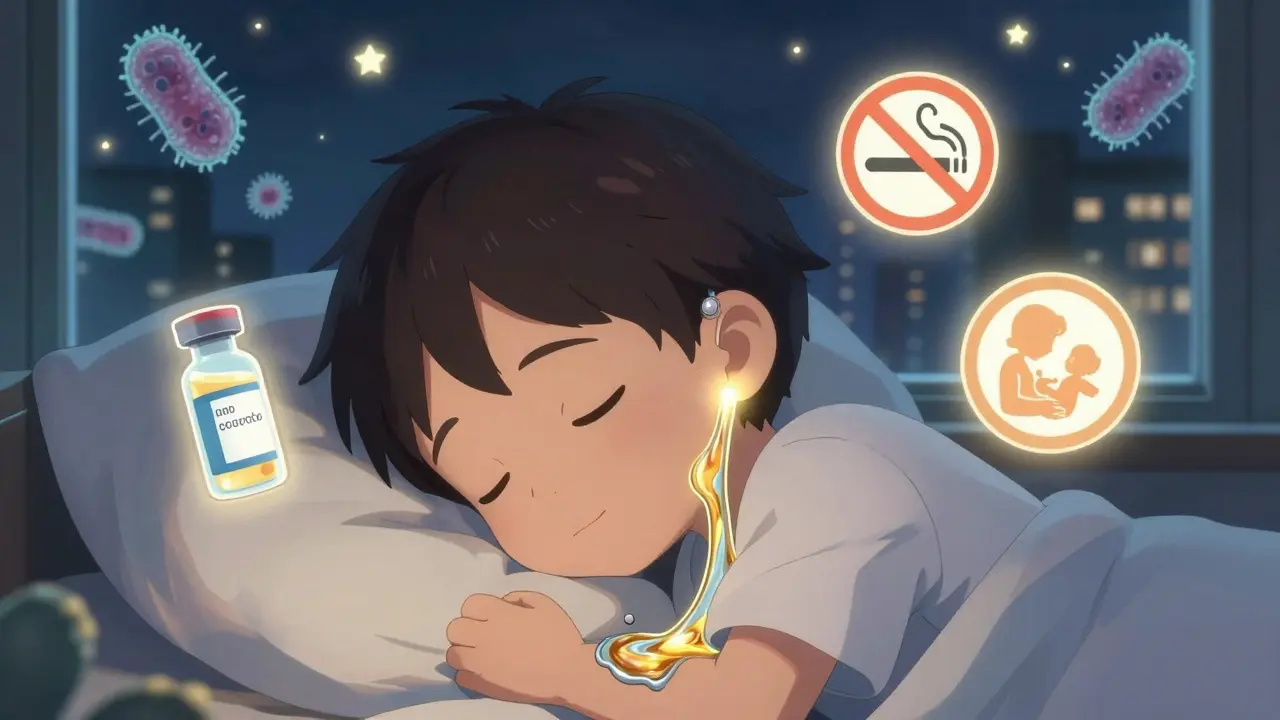 Child with ear tubes, golden fluid draining peacefully, surrounded by symbols of prevention and healing.
