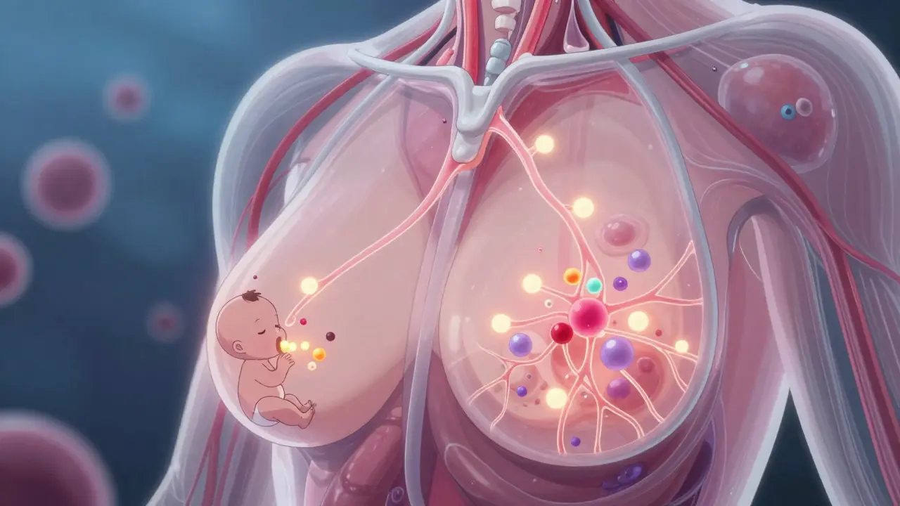 Cross-section of breast showing drug molecules moving from blood to milk, baby feeding