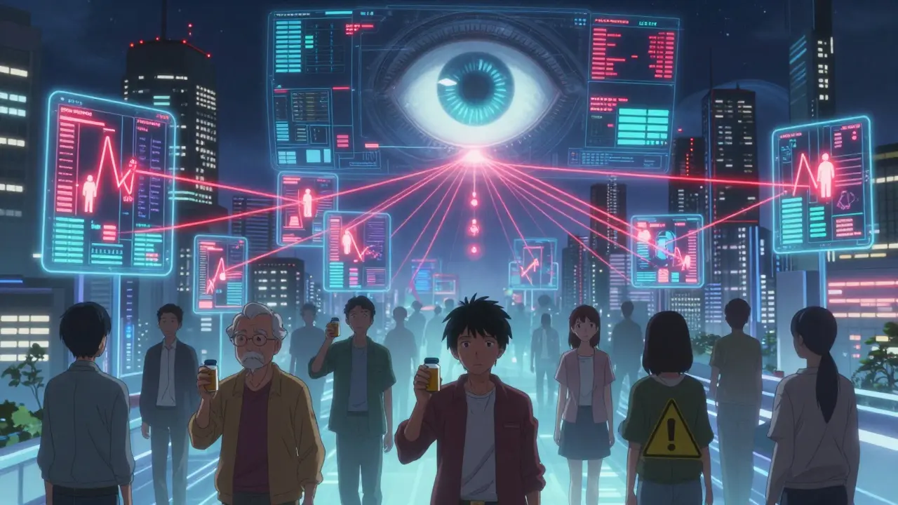 Digital cityscape of patient data with red signal threads linking adverse events, AI eye scanning above.