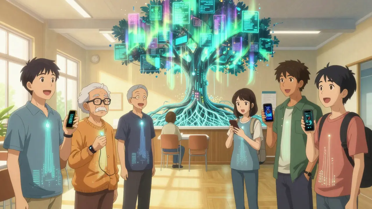 Diverse patients surrounded by floating data streams that form a glowing digital tree representing health monitoring.