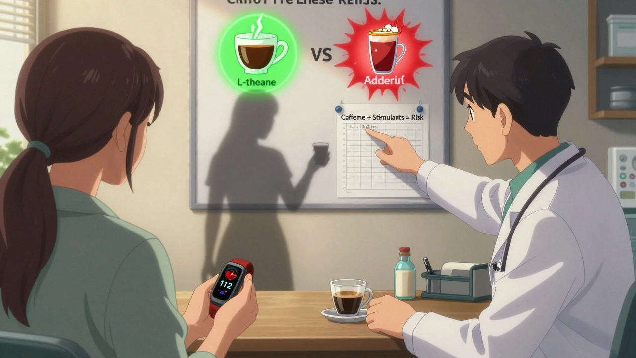 Doctor and patient in clinic, fitness tracker showing high heart rate, infographic on wall showing safe vs. dangerous combos.