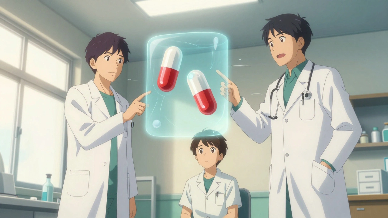 Doctor and pharmacist explain bioequivalence using a floating 3D animation of pills dissolving in a bloodstream.
