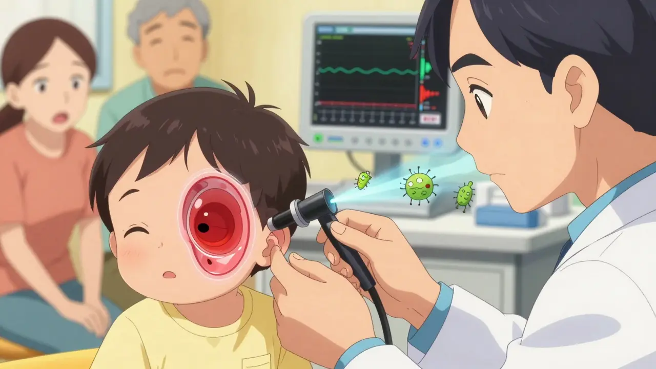 Doctor examining a child's ear with otoscope, inflamed eardrum visible, bacteria fleeing from air puff.