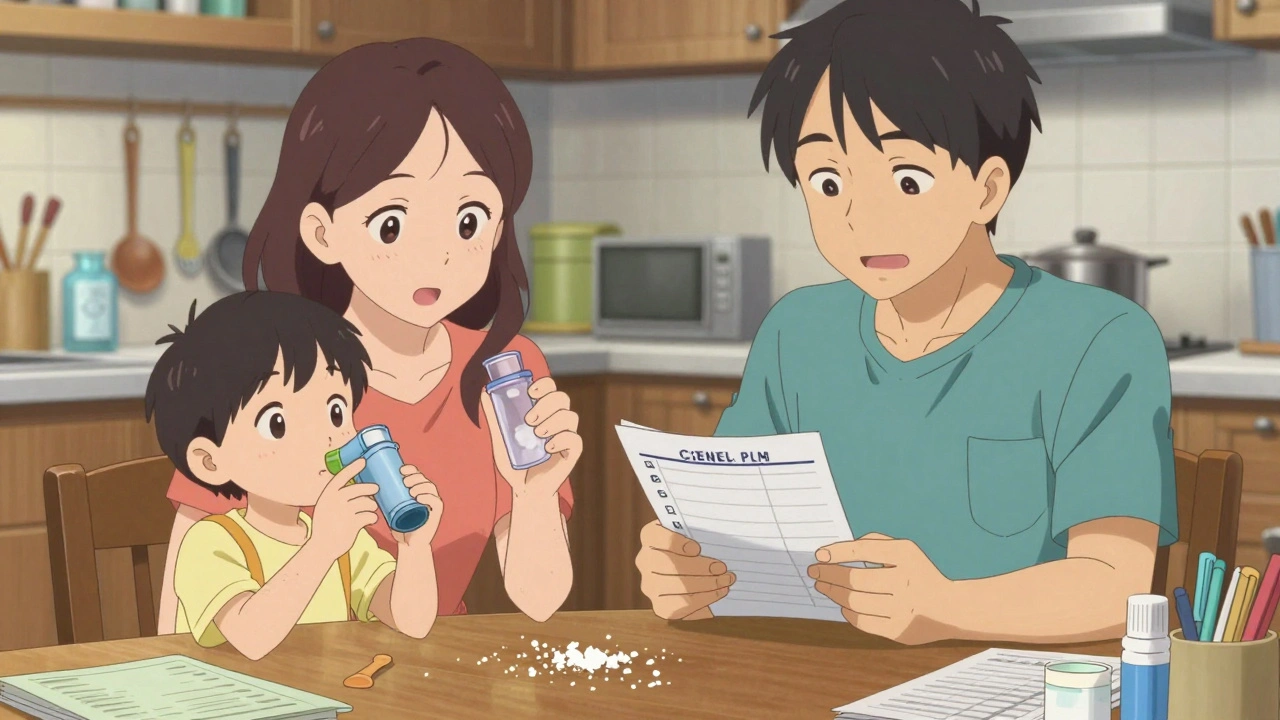 Family practicing spacer use at home with cleaning checklist and medicine residue visible.