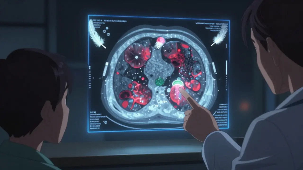 Floating holographic lung scan showing patchy shadows with bird and mold icons around it
