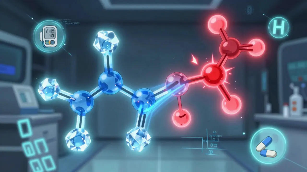 Glowing molecular structures of sulfonamide drugs, red warning vs blue safe compounds in a high-tech lab.