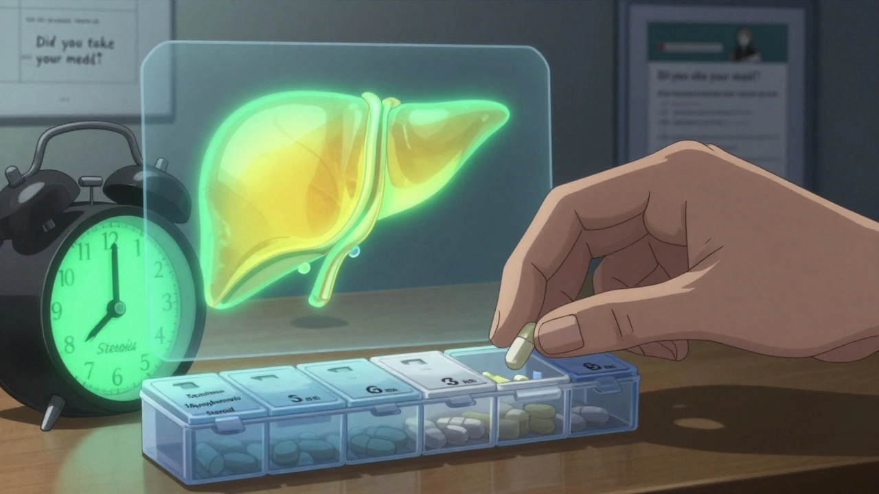 Hand placing daily transplant medications into an organizer with labeled alarms and a transparent view of healthy vs failing liver.