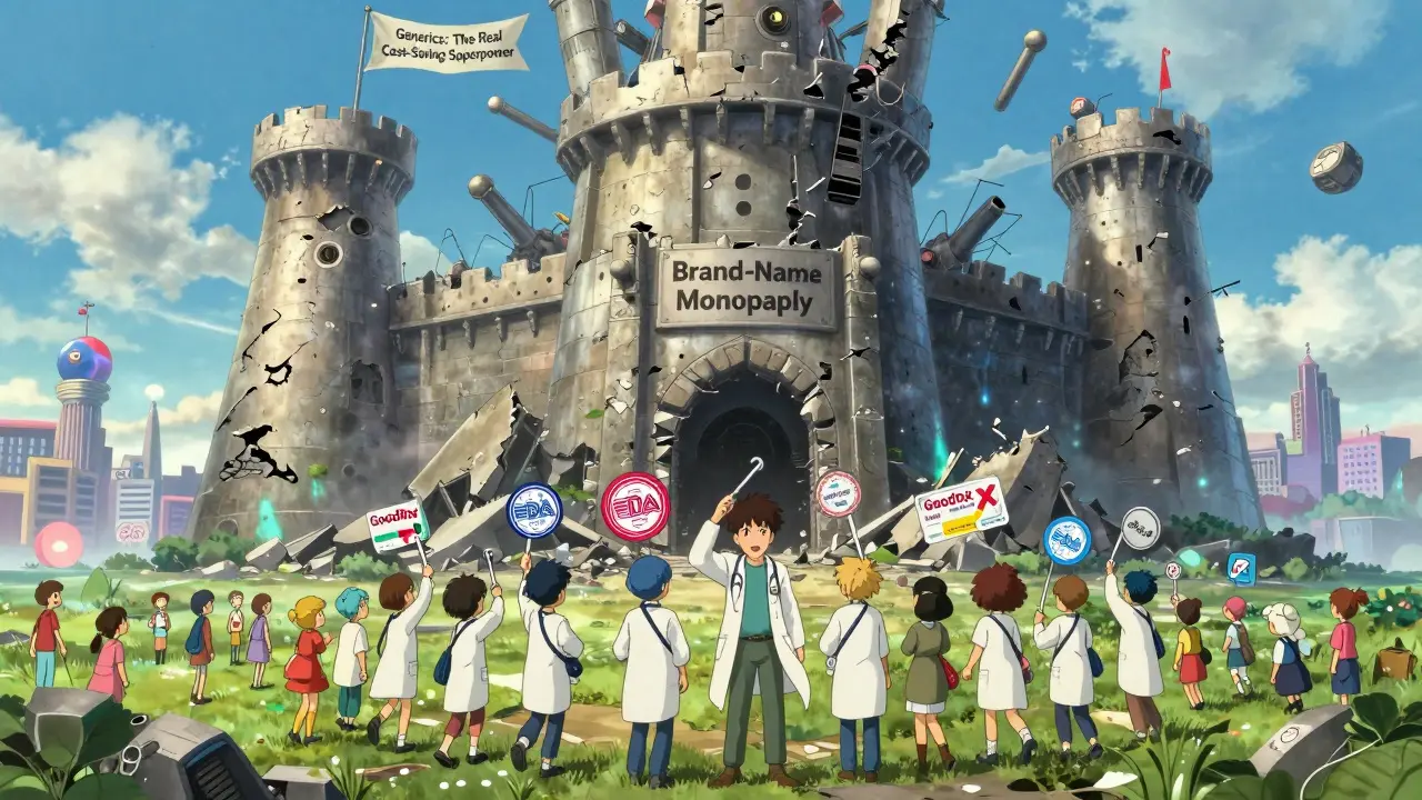 Heroes in lab coats dismantle a fortress labeled 'Brand-Name Monopoly' while biosimilars rise on the horizon.