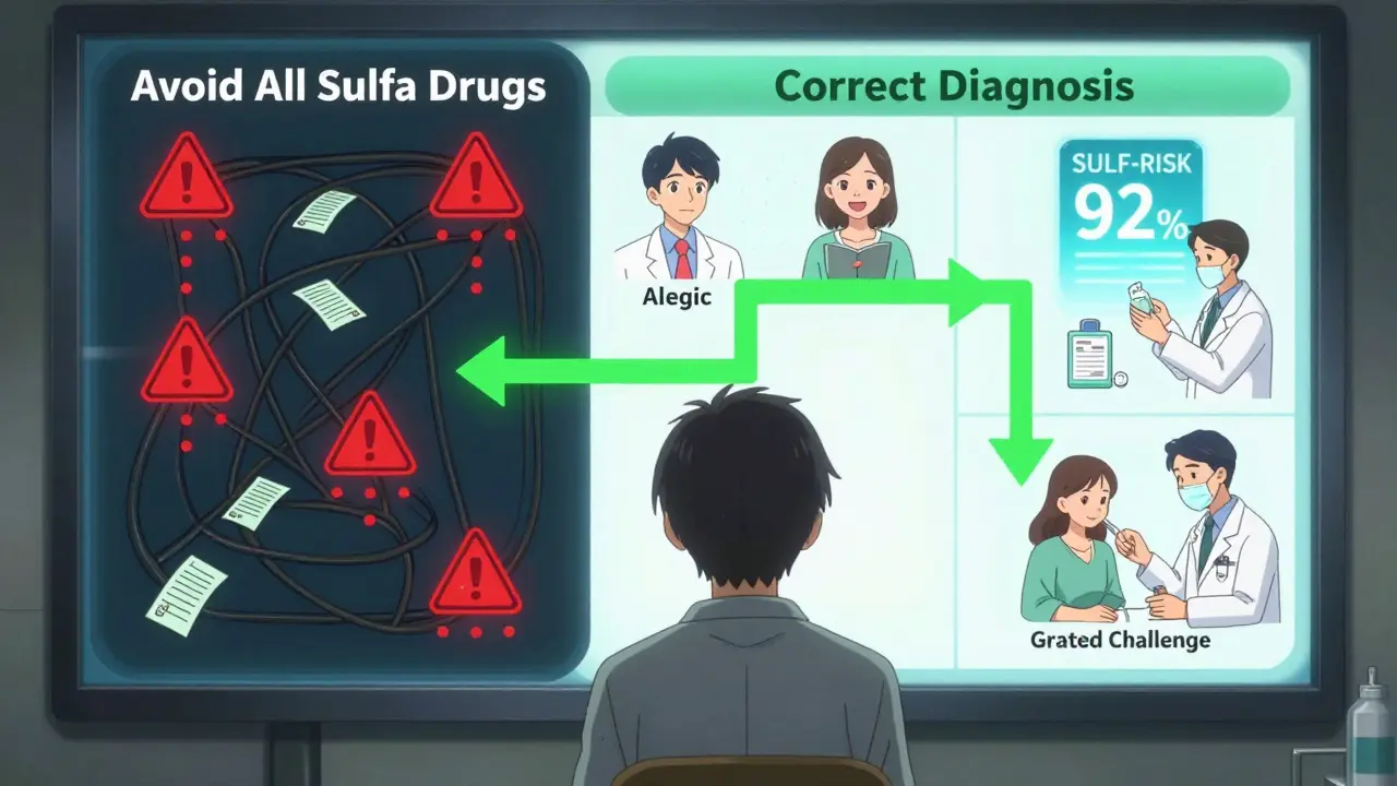 Patient facing a split digital health record path: dark avoidance vs bright correct diagnosis with glowing score.