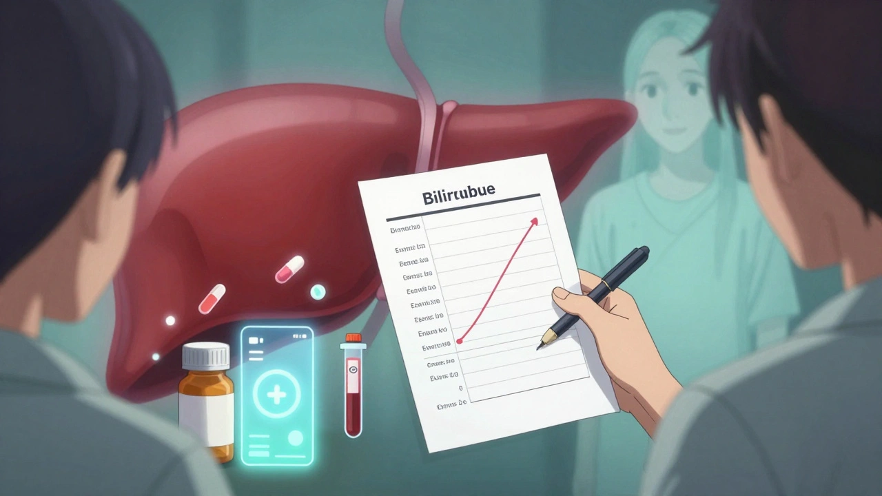 Patient holding blood test results as a fading second liver looms behind, with a smart pill bottle syncing to a holographic app.