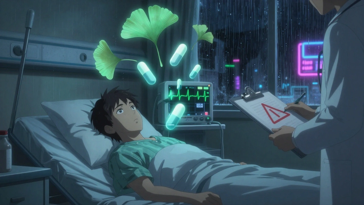 Patient in hospital bed with ghostly herbal leaves and erratic ECG monitor under dim night lighting.