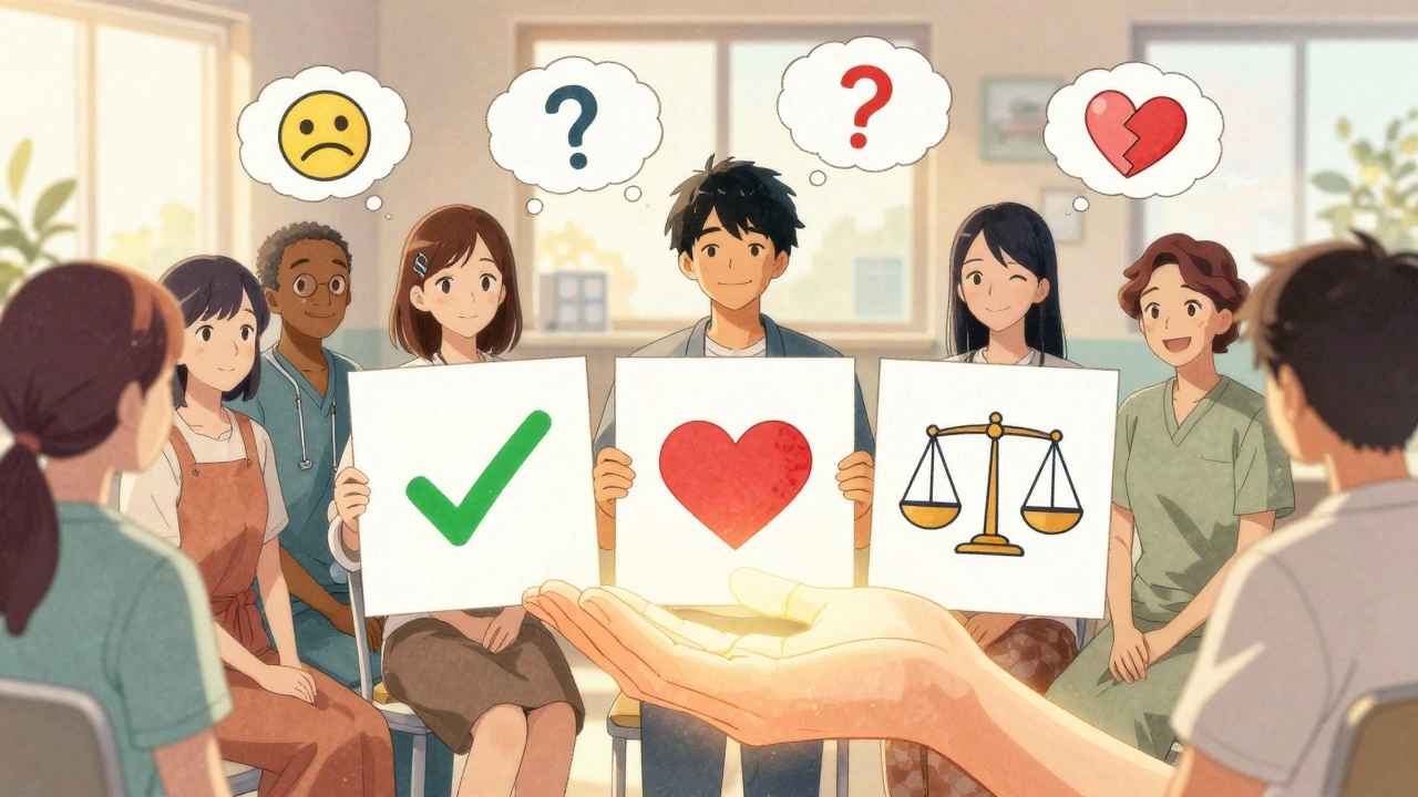 Patients hold pill comparison images as thought bubbles transform from fear to understanding under a glowing VALUE framework.