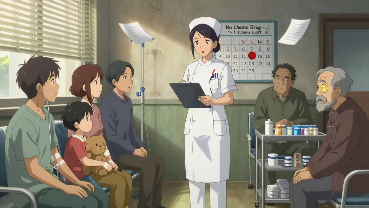 Patients in a rural clinic waiting as a nurse stares at a calendar marked with missing chemotherapy drugs.