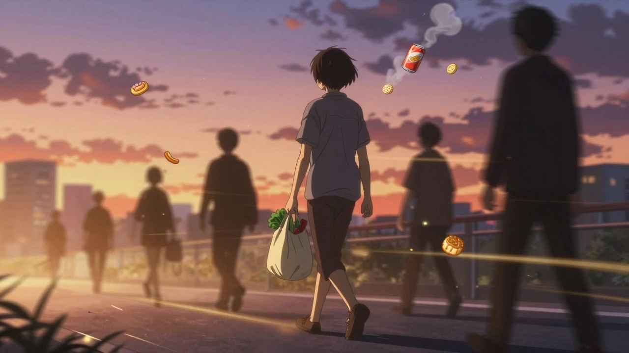 Someone walking home at dusk, leaving behind unhealthy food shadows as golden light follows.