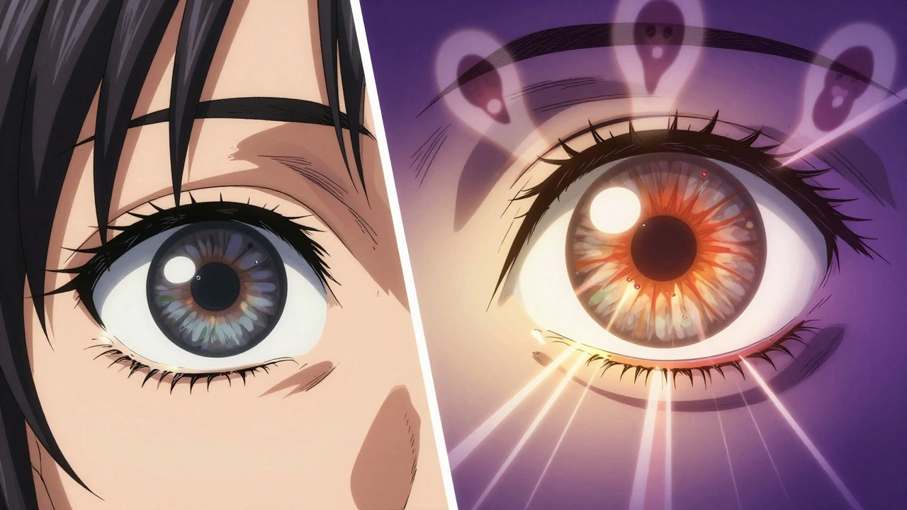 Split image showing a healthy eye versus one damaged by long-term steroid use.