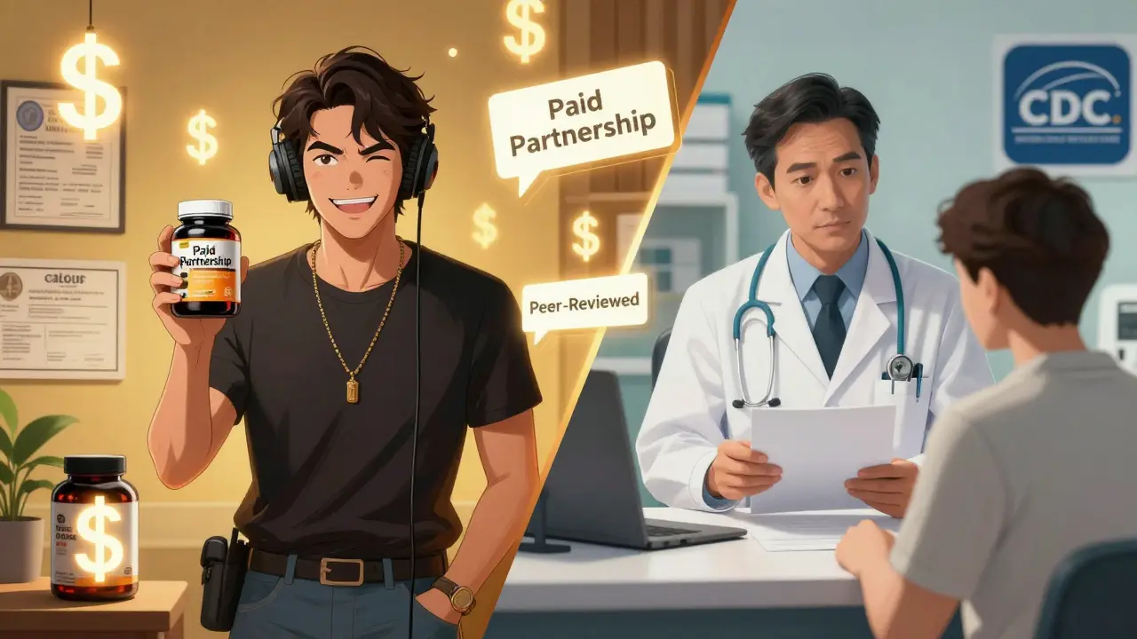 Split scene: influencer promoting supplements vs. real doctor reviewing a chart with CDC logo.