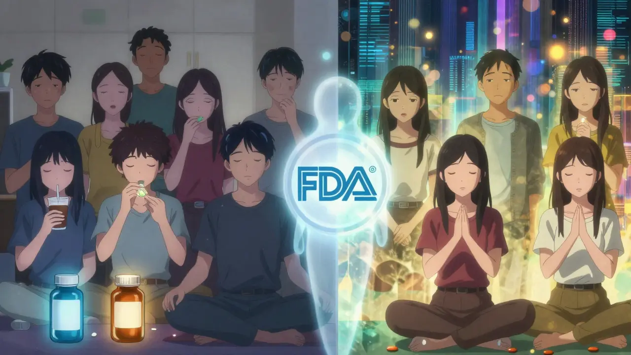 Split scene: people taking branded pills with warmth and confidence vs. uncertain versions with fading light.