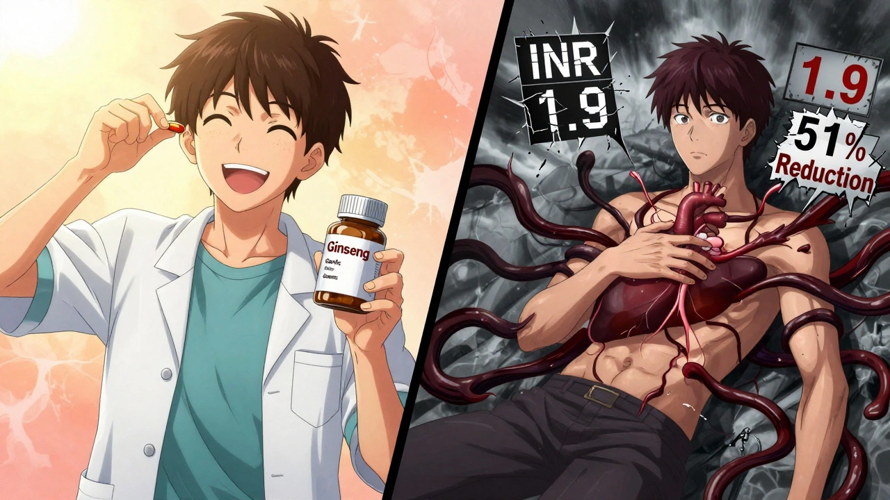 Split scene: person taking herbs happily on one side, collapsing with dark energy on the other.