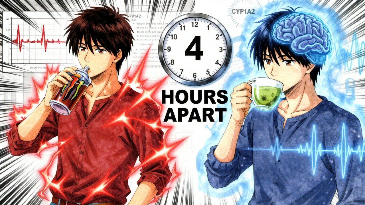 Split scene: teen with energy drink glowing red vs. same teen drinking green tea with calm blue aura.