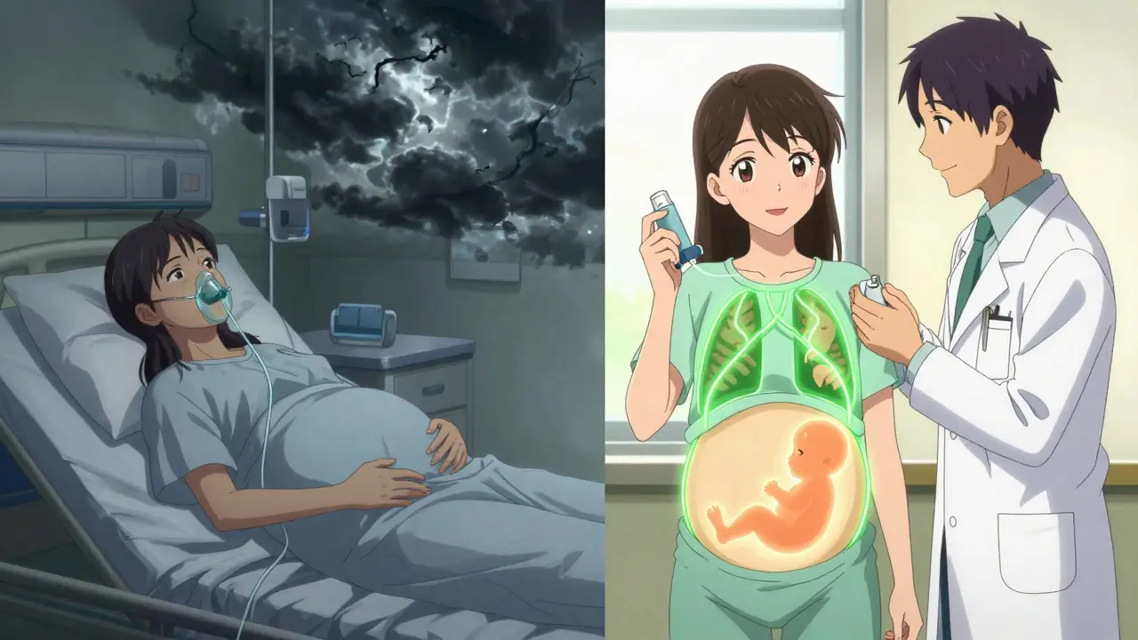 Split scene: uncontrolled asthma in darkness vs. controlled asthma with a healthy baby glowing inside, showing medication safety.