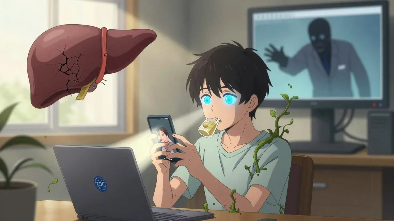 Teen influenced by TikTok health trend with surreal consequences, light from CDC website breaking through.