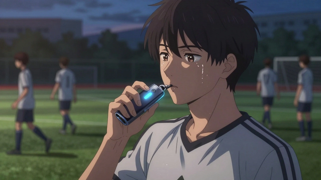 Teenager using a compact spacer discreetly during soccer practice after school.