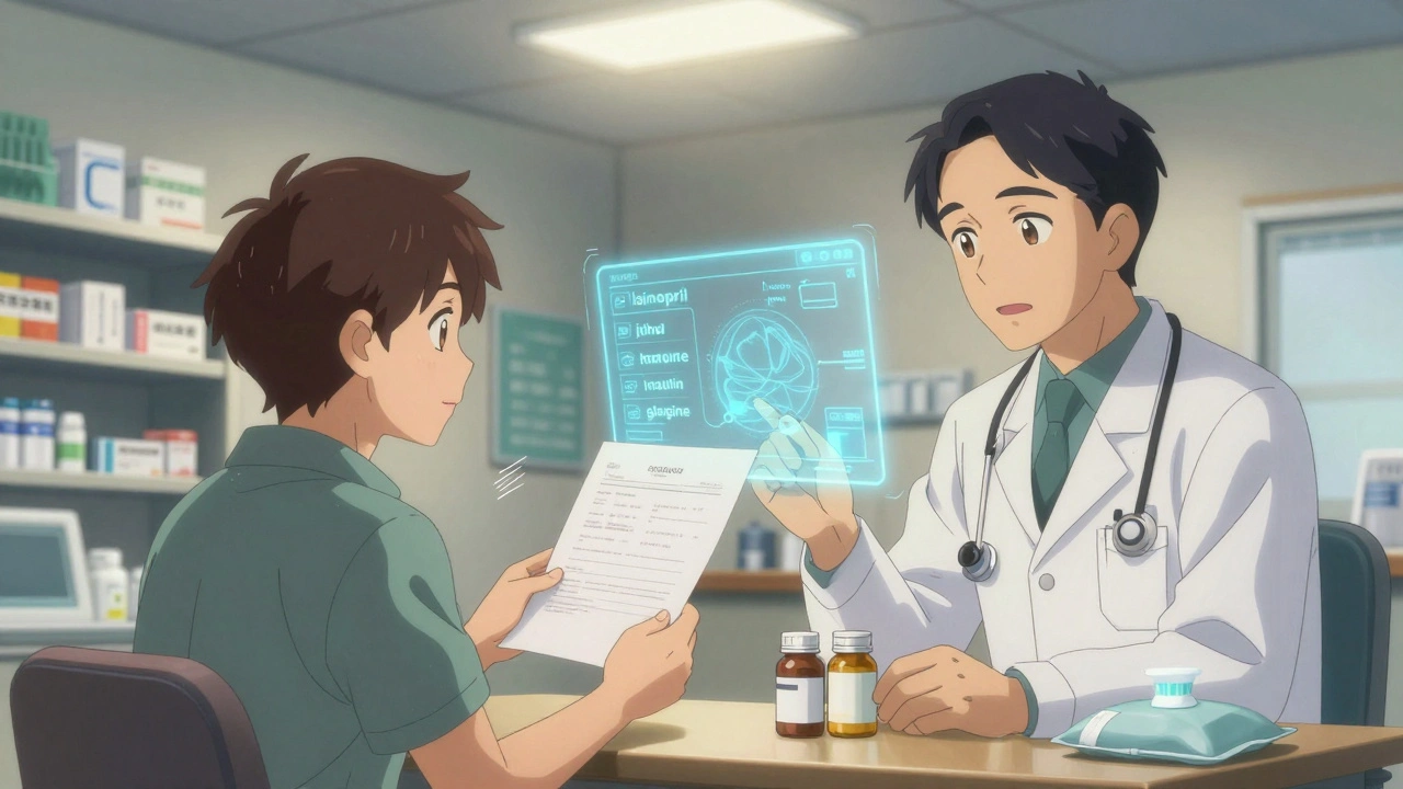 Traveler in foreign clinic with doctor reviewing prescriptions and insulin cooling pack.