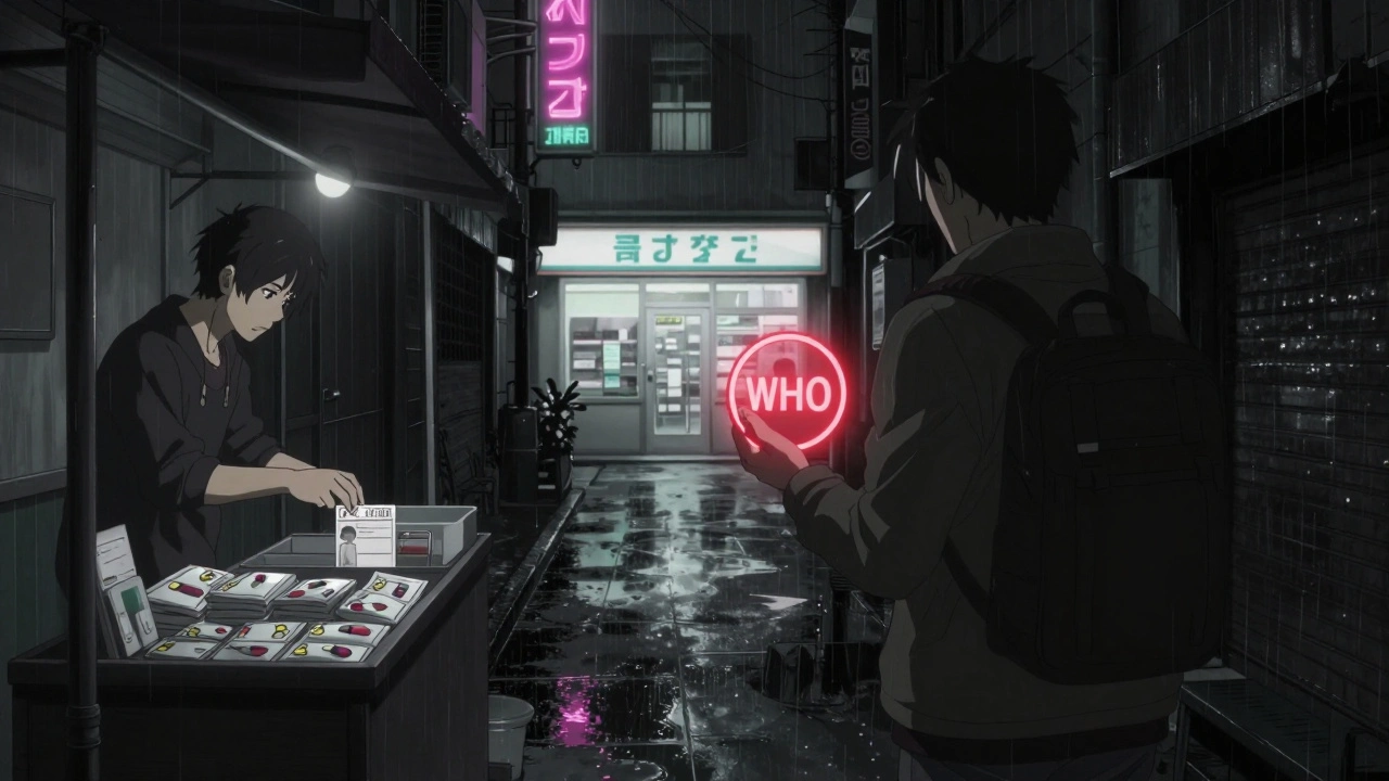 Traveler refusing counterfeit pills in dark alley, glowing warning symbol in hand.