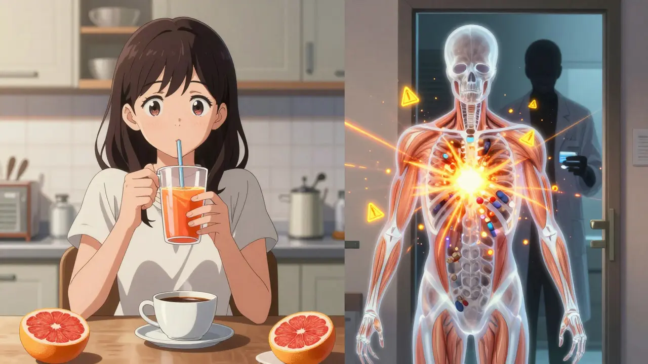 Woman drinking grapefruit juice while her body shows exploding statin molecules, digital warning glyphs radiating.
