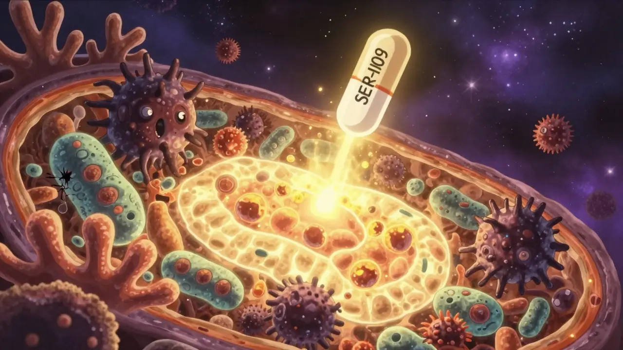 A bioluminescent gut ecosystem where healthy bacteria form a coral reef fighting off dark C. diff invaders.