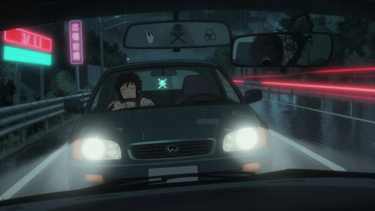 A car driving itself at night with closed-eyed driver, ghostly reflection in mirror, rain and neon lights.