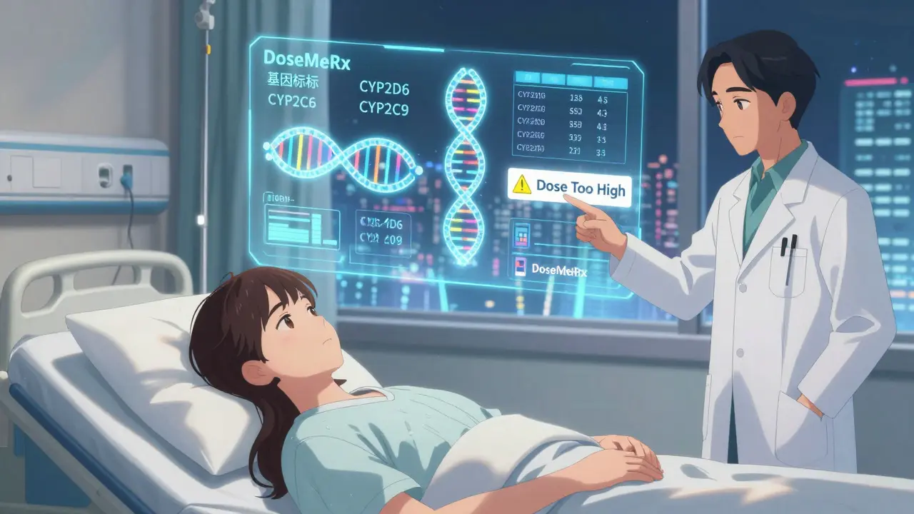 A futuristic AI dosage interface above a hospital bed, displaying genetic and metabolic data with a pharmacist pointing to a safety alert.