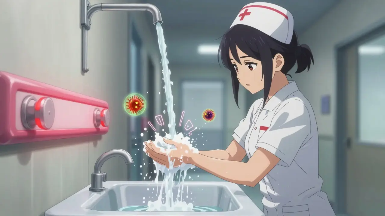 A nurse washing hands vigorously as soap repels C. diff spores in a hospital hallway.