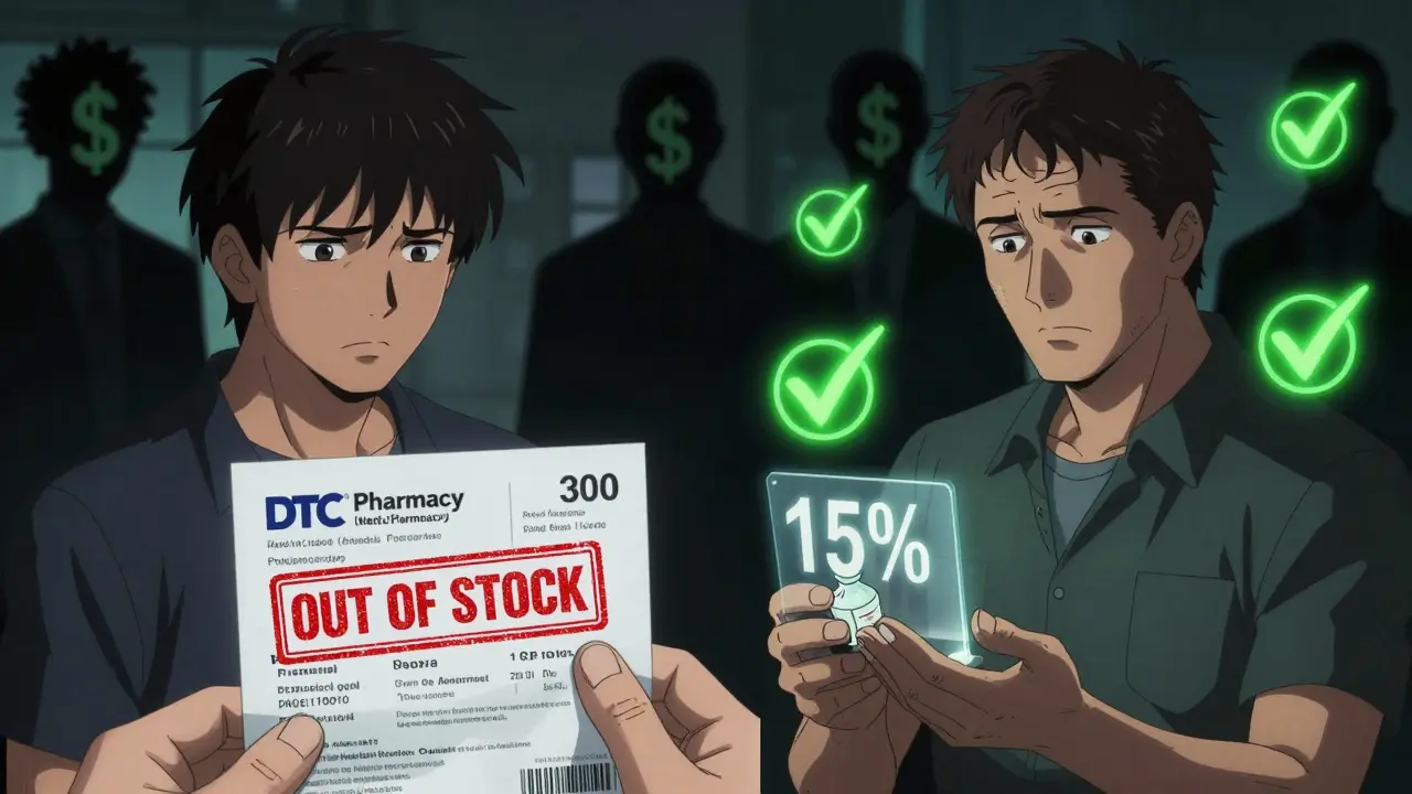 A patient receiving a rare medication at a fraction of the cost, with shadowy middlemen fading away.