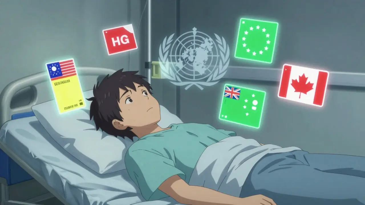 A patient surrounded by conflicting drug labels from different countries, with a faint WHO logo above, symbolizing global safety gaps.