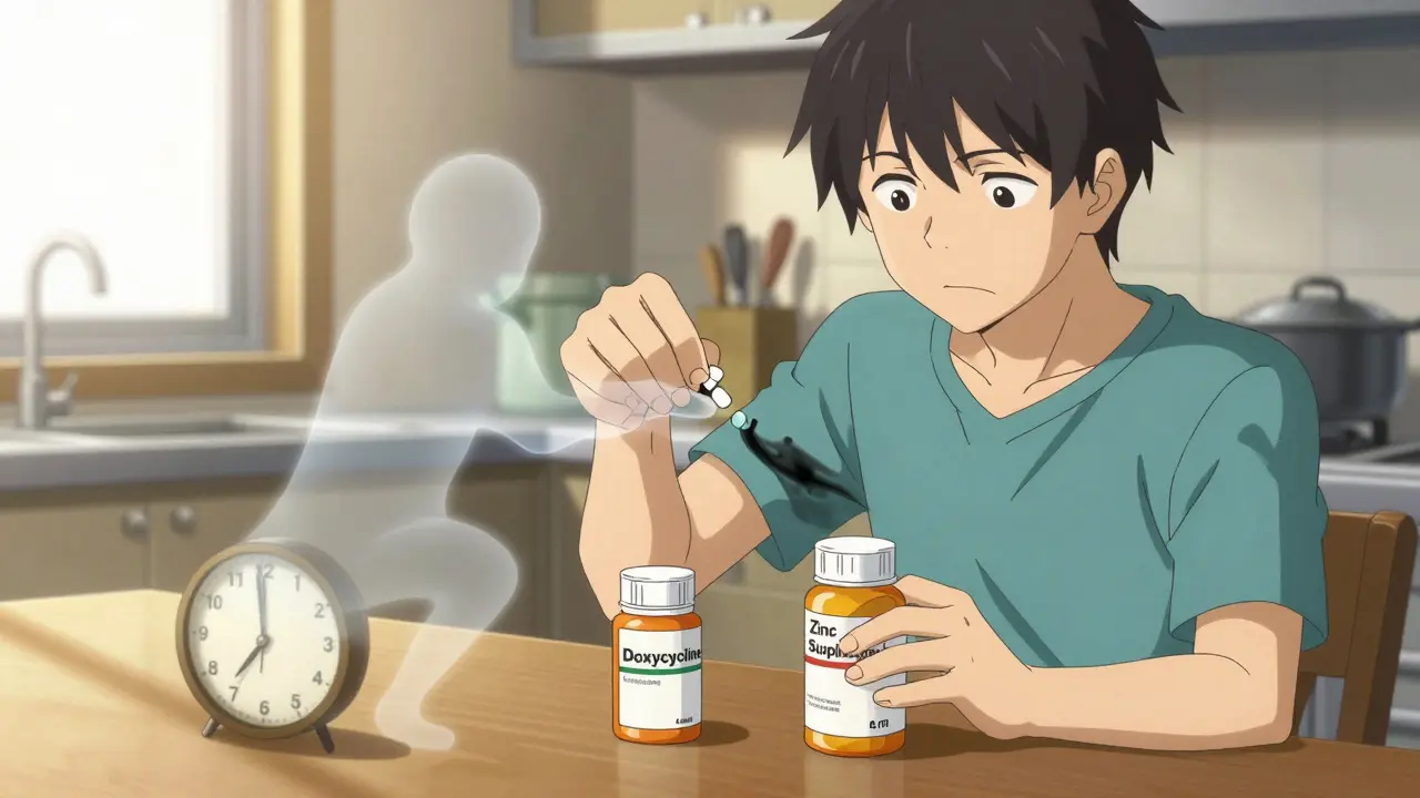 A person hesitating between taking antibiotic and zinc pills at different times, with a clock and shadow symbolizing interference.