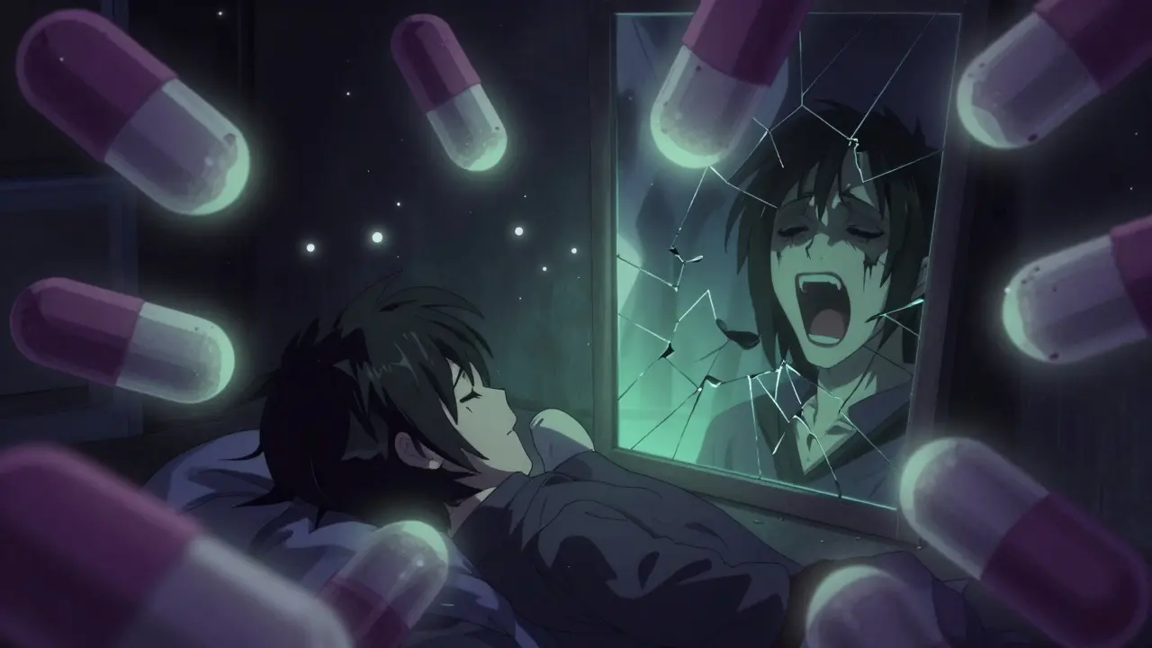 A person overwhelmed by giant falling benzodiazepine pills, their face split between calm and screaming in shadow.