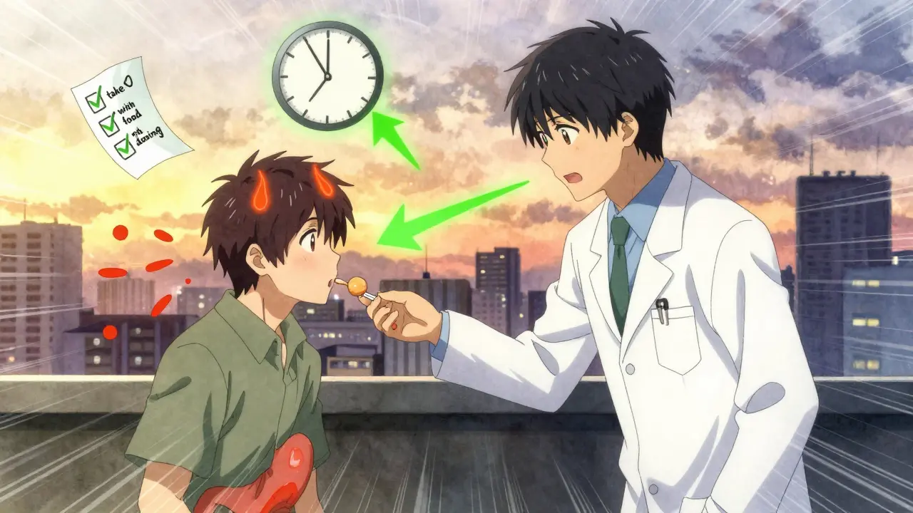 A pharmacist gives a patient a snack with medication, symbolizing a simple fix for stomach upset.