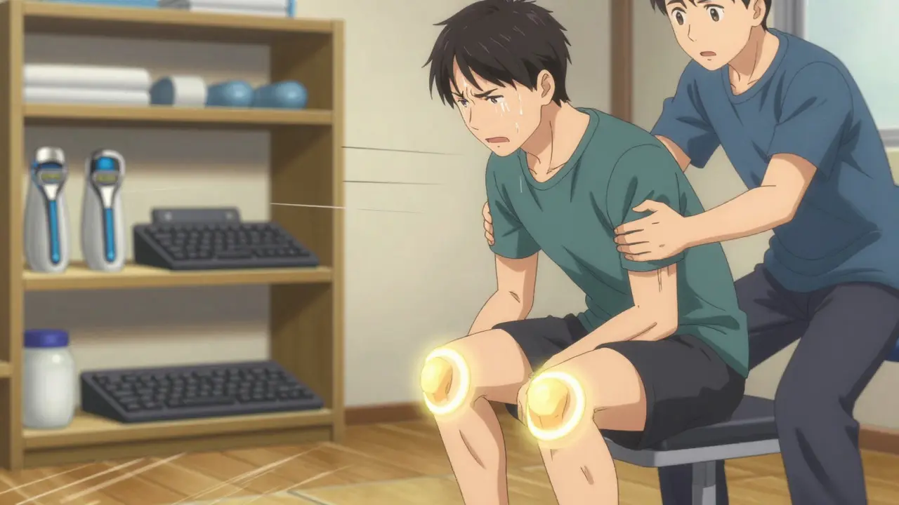 A physical therapist helping a patient perform a chair squat with glowing joint support.