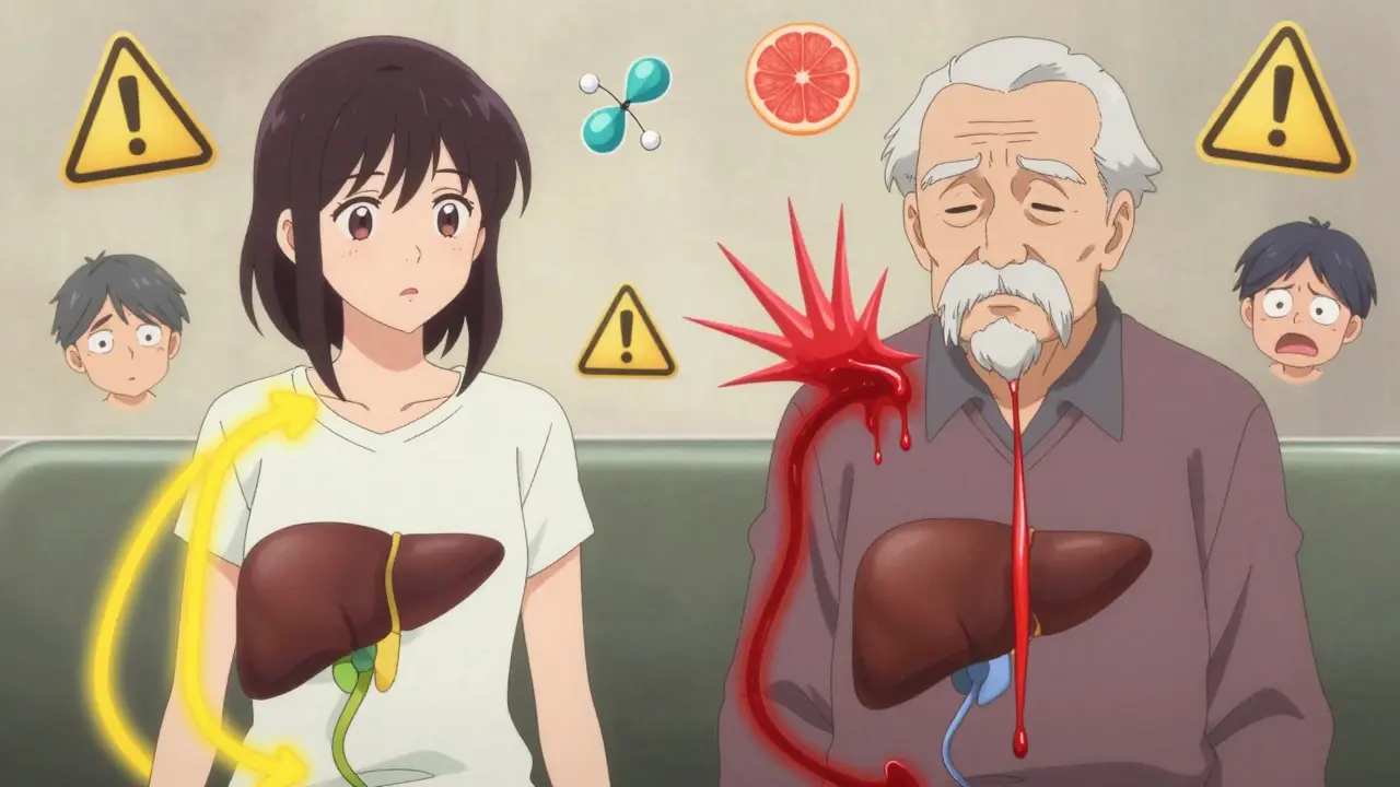 A young woman and elderly man with color-coded drug trails, one fast and one slow, with grapefruit juice causing a dangerous spike in drug levels.