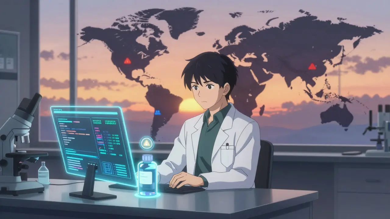 An Australian TGA scientist using AI tools to analyze drug data, with a warning icon and global safety alerts in the background.