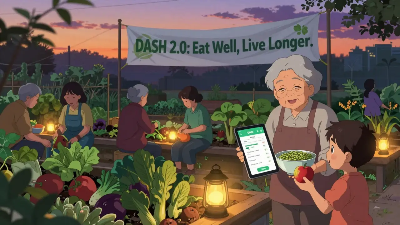 Community garden at dusk, diverse people harvesting and sharing DASH meals with a health app visible.