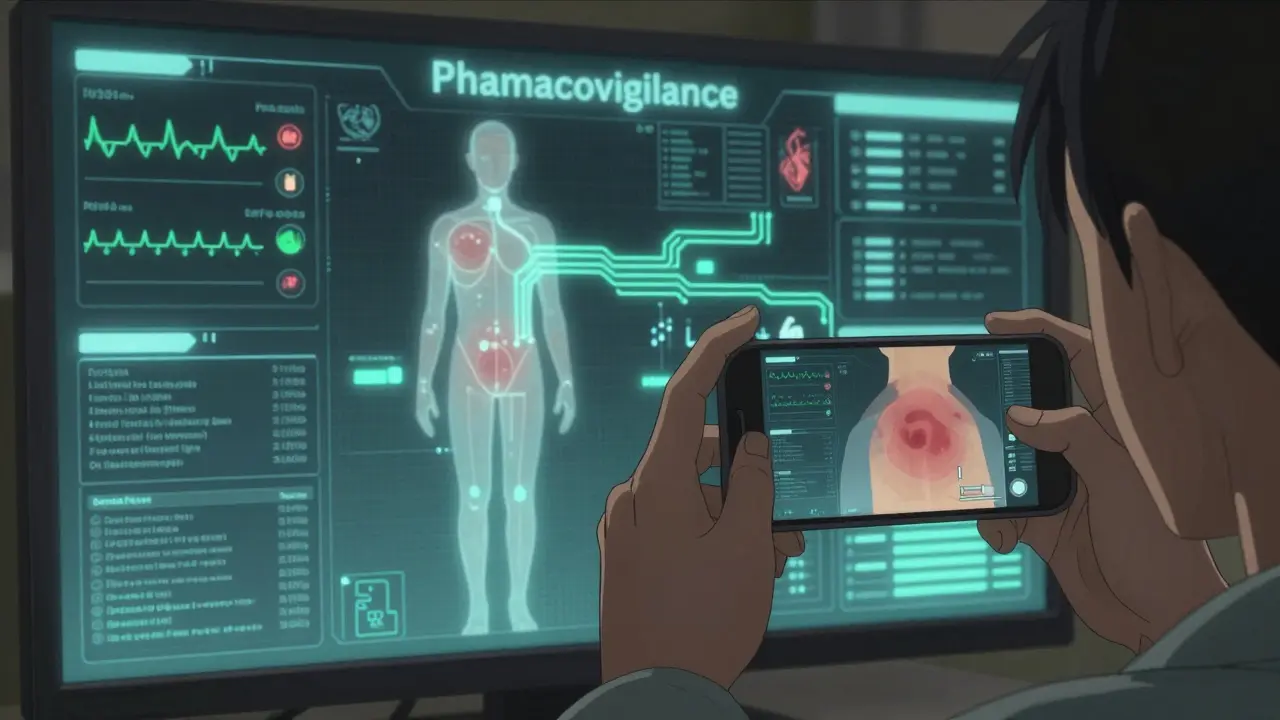 Digital biometric overlay on patient with smartphone photo of rash, neon data streams in background.