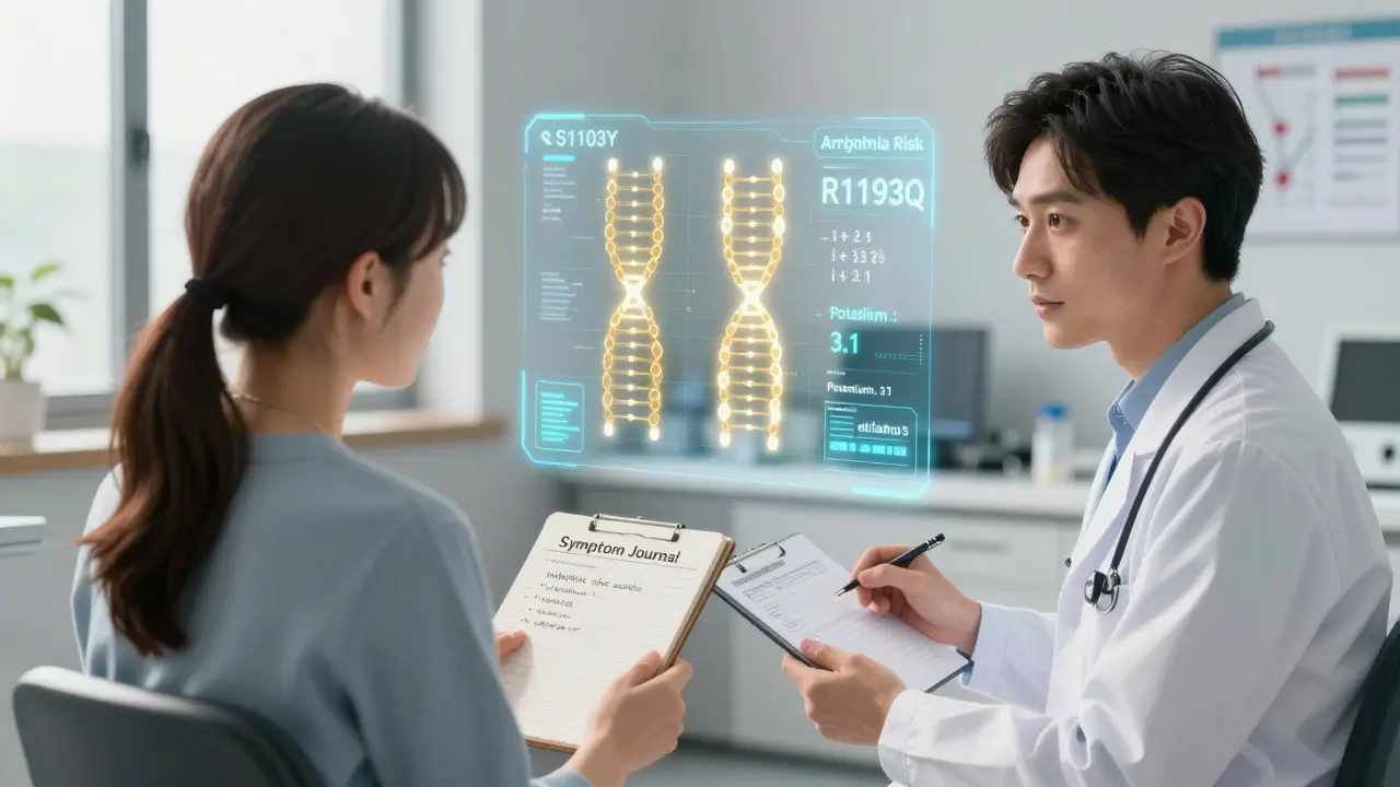 Doctor and patient view holographic genetic risk map, digital screen shows high arrhythmia risk, symptom journal visible.
